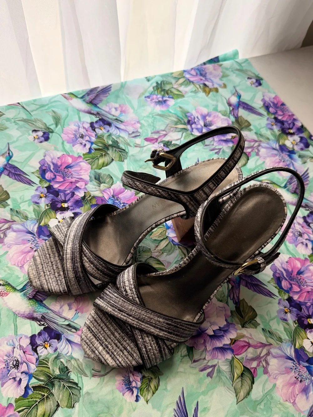 Stuart Weitzman Gray Textured Strappy Block Heel Sandals